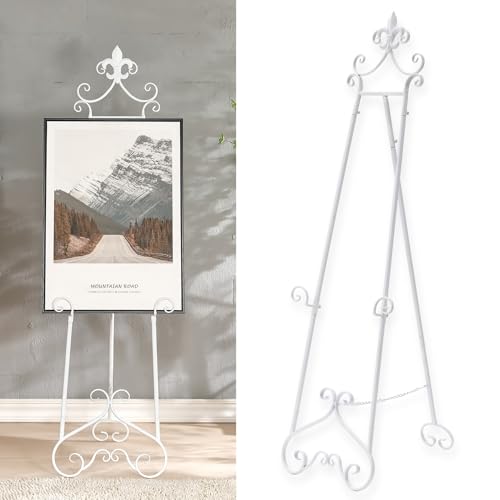 60” H White Easel Stand for Sign, Large Adjustable Metal Display Standing for Displaying Pictures Wedding Poster Holder Showcasing with Chain Support - color: Scrollwork Floral Top-WHITE