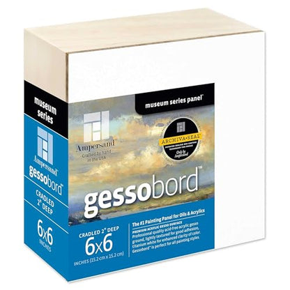 Ampersand Art Supply Museum Series Gessobord | 6x6 | 2" Cradled Profile | Gesso Wood Painting Panel for Oil and Acrylic Paint & Mixed Media | Canvas Panel Alternative in Professional Art Supplies - size: 6" x 6", style: 2 Inch Cradle