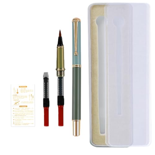 Huakaile Portable Pocket Metal Fountain Brush Pen with Case, Refillable Flexible Brush Tip Calligraphy Pen for Writing Lettering Illustration Art (1 Green Pen, 1 Pen Tip, 3 Ink Converters) - color: 1 Green Pen, 1 Pen Tip, 3 Ink Converters
