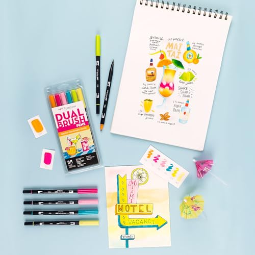 Tombow 56243 Dual Brush Pen Art Markers, Happy Hour, 6-Pack, Water-Based Ink, for Hand Lettering, Watercolor, Fine Art, Illustrations