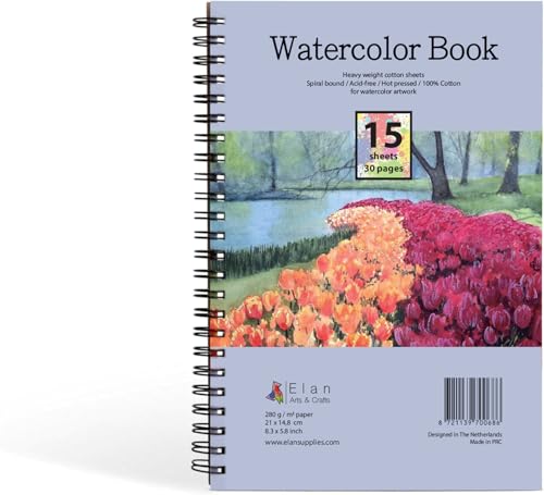Elan Watercolor Book A5, Italian 100% Cotton Paper, 15 Sheets 300gsm Paper, Watercolor Sketchbook A5, Art Pad for Painting, Canvas for Watercoloring, Acrylic Paint