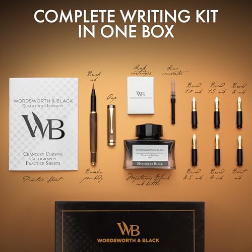 Wordsworth & Black Calligraphy Pen Gift Set, Includes Ink Bottle, 6 Cartridges, Refill Converter, 6 Replacement Nibs, Luxury Bamboo, Journaling, Smooth Writing Pens [Brown Wood] - color: Brown Wood