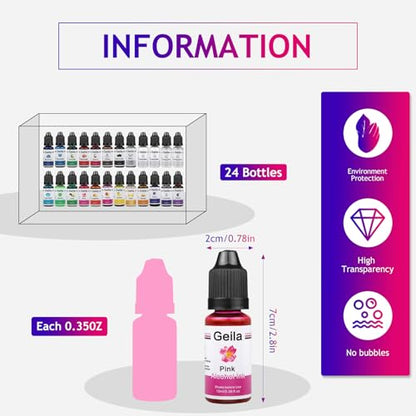 Geila Alcohol Ink Set 24 Colors – High Concentration Alcohol Inks for Resin, Vibrant Epoxy Resin Dye for Petri Dish, Coaster, Tumbler Cup, Art Painting (Each 0.35oz)