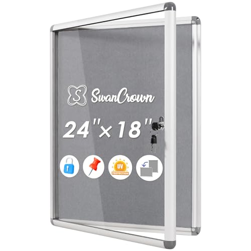SWANCROWN 24x18 in Enclosed Bulletin Board, Lockable Noticeboard, Grey Felt | 3xA4, Tamperproof, Shatterproof, Wall Mount, Silver Aluminum Frame, Display Case for Notice, Message, Menu, Poster - color: Sliver-g, size: 24x18 in