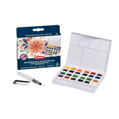 Derwent Watercolour Paint Pan 24 Set, Set of 24, Half Pan Size, Water-Soluble, Ideal for Painting, Professional Quality, Travel Size, 2306324