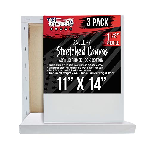 U.S. Art Supply Medium Stretched Canvas for Painting 11x14 inch Gallery Depth 1-1/2" Profile, 3-Pack - 12oz Acrylic Gesso Triple Primed, Professional Artist Quality, 100% Cotton - Oil, Pouring Paint - size: 11" x 14"