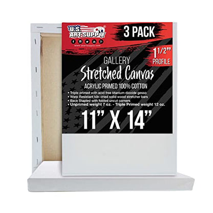 U.S. Art Supply Medium Stretched Canvas for Painting 11x14 inch Gallery Depth 1-1/2" Profile, 3-Pack - 12oz Acrylic Gesso Triple Primed, Professional Artist Quality, 100% Cotton - Oil, Pouring Paint - size: 11" x 14"