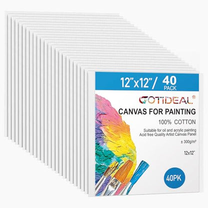 Gotideal Canvas Boards for Painting, 40pcs 12x12 Primed Canvas for Painting, Bulk Painting Canvas for Kids and Adults, White Blank Canvas Panels for Acrylic, Oil, Pour Art Supplies - size: 12x12 inch