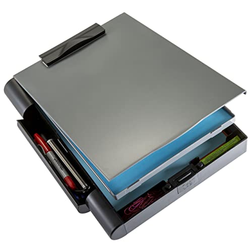 Officemate Double Storage Clipboard, Form Holder with 2 Compartments, Magnetized Storage, Pen Holder & Clip, Letter Size, Recycled Plastic, Gray/Black (83357) - size: Letter size