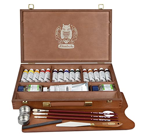 Schmincke - MUSSINI® finest resin oil colors Premium wooden box oil painting, 15 x 35 ml set, 70 615 097, accessories: white 150 ml, terpin, palette plug, 3 daVinci brushes, palette knife, etc. - size: 15 x 1.18 Fl Oz + accessories