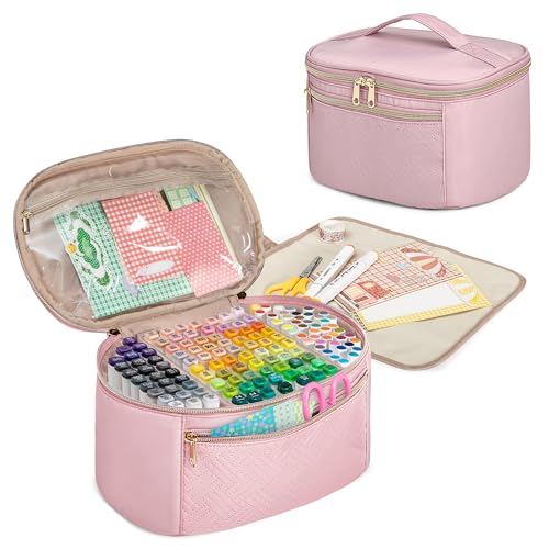 Fasrom Marker Organizer Case, Holds 120 Markers, Travel | Art Marker Storage Bag with Handle, Detachable Dividers, for Alcohol Markers, Brush Pens & Craft Supplies, Bag Only, Pink - color: Pink