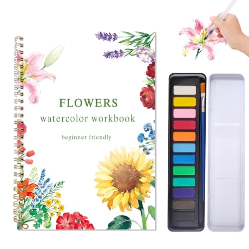 Flowers Watercolor Workbook, Watercolor Painting Book Kit | Includes 12 Paintings, Spiral Bound, 12-Color Paint Set With 1 Brush, Beginner-Friendly, Relaxing Art Kit For Adults Gift - color: A-Flowers with 12 paints