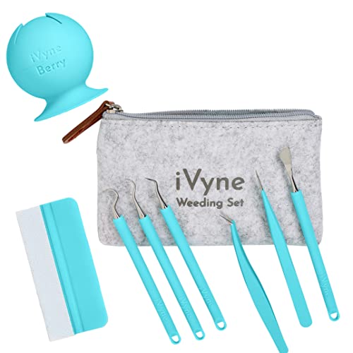 iVyne (8pcs) Premium Vinyl Weeding Tool Kit & Weeding Scrap Collector Soft Grip Tools with Berry, Weeder, Tweezers, Picker Or Hook, and Scraper Set for Silhouette Cameos & Cricut - Blue - color: Silicone Tools & Berry Blue