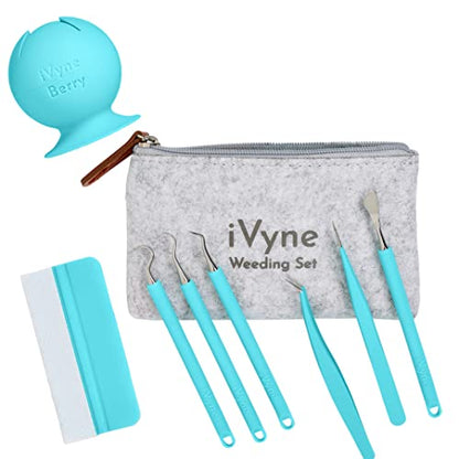 iVyne (8pcs) Premium Vinyl Weeding Tool Kit & Weeding Scrap Collector Soft Grip Tools with Berry, Weeder, Tweezers, Picker Or Hook, and Scraper Set for Silhouette Cameos & Cricut - Blue - color: Silicone Tools & Berry Blue