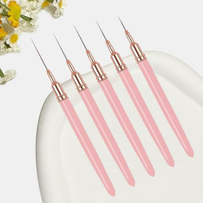 5PCS Liner Brushes for Nails, Nail Art Liner Brushes Set, 6/9/12/15/18mm Thin Detail Brush for Long Lines & Fine Drawing, UV Gel Polish Painting Nail Design Tools - Pink - color: Pink