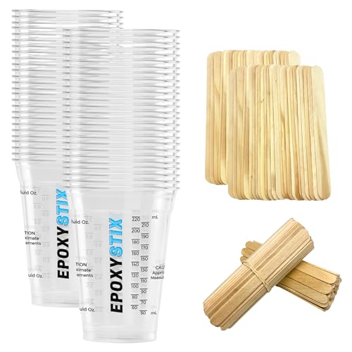 [50 Pack] 10oz Graduated Mixing Cups with 100 Mixing Sticks – 50 Flat Stir Sticks & 50 Paddle Stirrers – Clear Plastic Cups with oz/mL Markings – for Epoxy, Resin, Paint, and Crafts - size: 50 Count