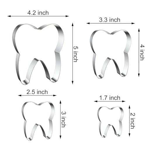 Tooth Cookie Cutter Set - 5 inch, 4 inch, 3 inch, 2 inch - 4 Piece Cookie Cutters Shapes Biscuit Fondant Clay Molds - Stainless Steel