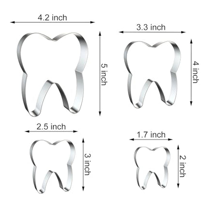 Tooth Cookie Cutter Set - 5 inch, 4 inch, 3 inch, 2 inch - 4 Piece Cookie Cutters Shapes Biscuit Fondant Clay Molds - Stainless Steel