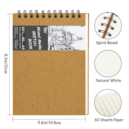 8.3x5.8 Sketch Book, Top Spiral Bound Sketch Pad, 60sheets 92lb/150gsm Nature White Paper, Acid-Free Mixed Media Paper for Painting, Dawing & Art Supplies. N-Ginger - color: TopSpiral-NatureWhite-Ginger