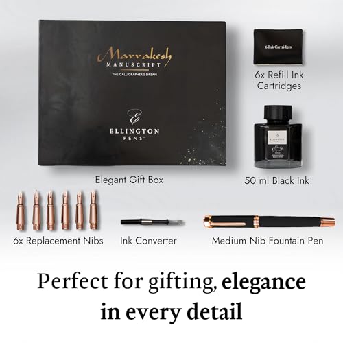 Ellington Pens Luxury Calligraphy Set - Premium Fountain Pen with 6 Nibs, 50 ml Black Ink Bottle, 6 Cartridges, Converter, Elegant Gift Box – Perfect for Drawing, Writing, Gifting (Midnight Rose)