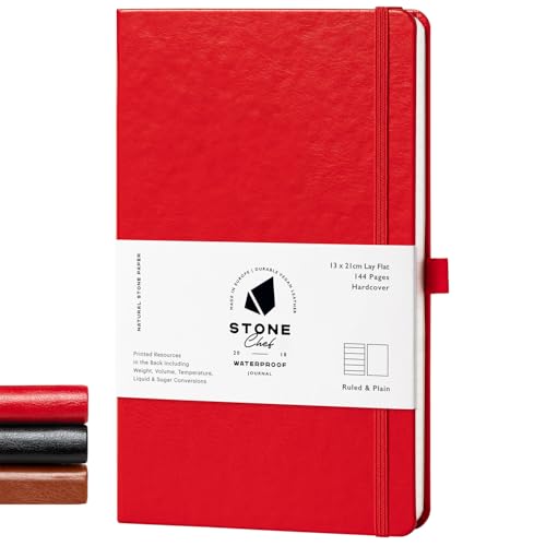Stone Journal Chef Notebook – 13 × 21 cm Waterproof Paper, 144 Pages, Half Lined & Half Blank, Vegan Leather Hardcover, Kitchen Conversions, Premium Journal (Red) - color: Red