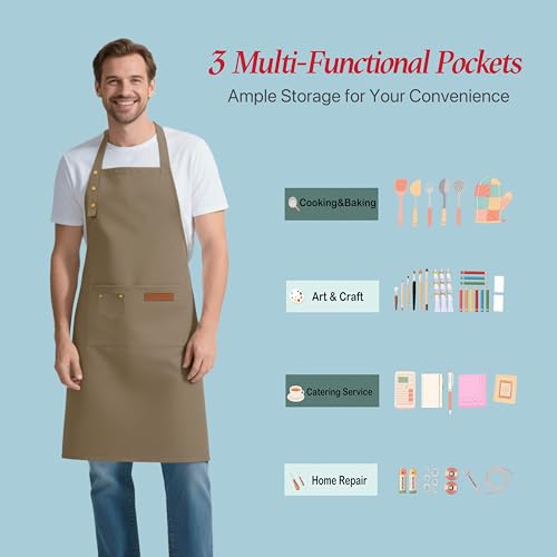 Kitchen Cooking Apron for Women Men Water-Resistant Artist Barista Baking Craft Catering Work Bib with Large Pockets - color: Khaki