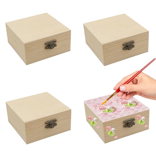 4 PCS Unfinished Wood Box for Crafts Small Wooden Square Box with Hinged Lids and Front Clasps Wooden Storage Box for DIY Arts Party Favor Jewelry Box, 3.9 x 3.9 x 2 Inch