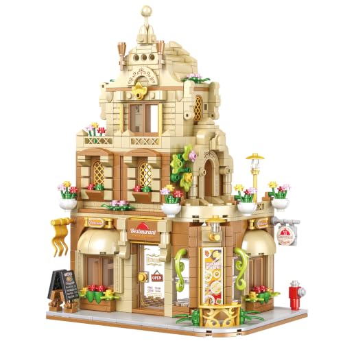 Restaurant Modular Building Set, City Street Architecture Model | European restaurant modular kit, vintage street view building decor, collectible gift for architecture hobbyists - color: Tawny