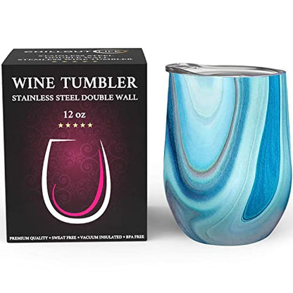 CHILLOUT LIFE 12 oz Stainless Steel Wine Tumbler with Lid - Double Wall Vacuum Insulated Wine Cup Glass Keeping Cold & Hot for Coffee, Champagne, Cocktails, Ice Cream - color: Ocean Marble, style: 1 Pack