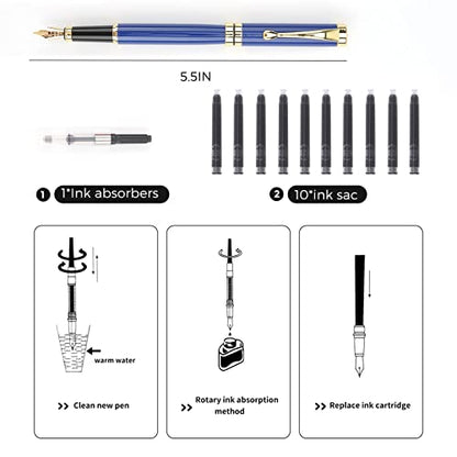 Tiankool Luxury Fountain Pen,Fine Nib, Exquisite Pen Gift Set for Men&Women-Includes 10 Ink Cartridges&Ink Converter- Nice Pens - Blue - color: Blue