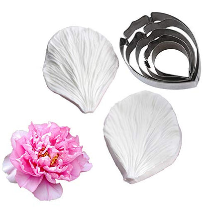 KALAIEN 5pcs Stainless Steel Peony Cutter 2pcs Fondant Silicone Mold Gumpaste Peony Sugarcraft Flower Veining Mold Veiner Petal Making Tool - color: Peony Set(7pcs)