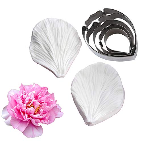 KALAIEN 5pcs Stainless Steel Peony Cutter 2pcs Fondant Silicone Mold Gumpaste Peony Sugarcraft Flower Veining Mold Veiner Petal Making Tool - color: Peony Set(7pcs)