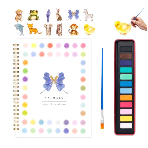 Watercolor Workbook for Adults, Beginner Friendly Watercolor Painting Kit Animals Water Coloring Book, Nature-Themed Practice Art Gift Water Color Paint Book with Palette and Brush - color: Animals