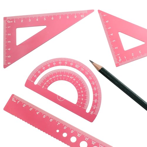 4 Pcs Triangular Ruler Set, Aluminum Alloy Geometry Tools, Metal Drafting Ruler for Students, Draftsmen, Engineers, School Office Supplies with Protractor & Metric Scales (Pink) - color: Pink