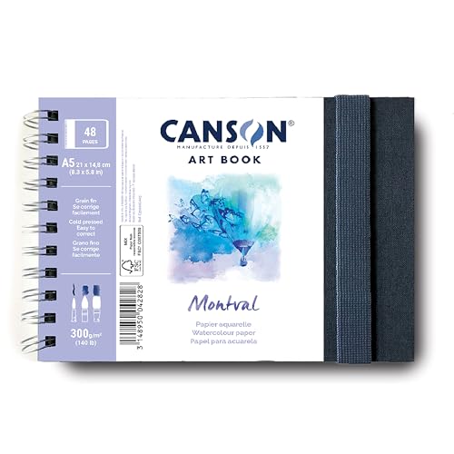 Canson Montval Watercolor Art Book, 8.3x5.8 inches, 48 Sheets, Blue Cloth Hardcover, Side Wire - Professional Artist Notebook for Painting, Sketching, Drawing - style: A5 LANDSCAPE MONTVAL