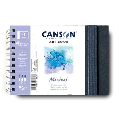 Canson Montval Watercolor Art Book, 8.3x5.8 inches, 48 Sheets, Blue Cloth Hardcover, Side Wire - Professional Artist Notebook for Painting, Sketching, Drawing - style: A5 LANDSCAPE MONTVAL