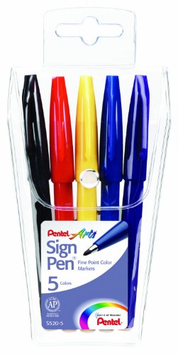 Pentel Arts Sign Pen, Fiber Tip, Assorted Ink, 5 Pack Pouch (S520-5) - color: Assorted, size: 5 Count (Pack of 1)