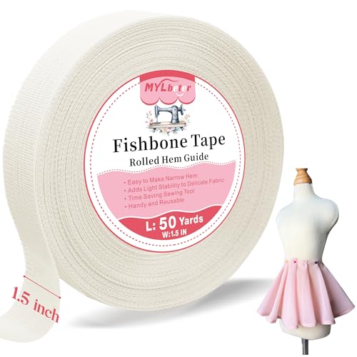50 Yards Fishbone Rolled Hem Tape Ban Roll Tape for Sewing Narrow Hem Chiffon Fabric Rolled Hem Guide Edge Sewing Tool Fishbone Boning Lining Hemming Tape Sewing Accessories and Supplies - color: beige 50 yards