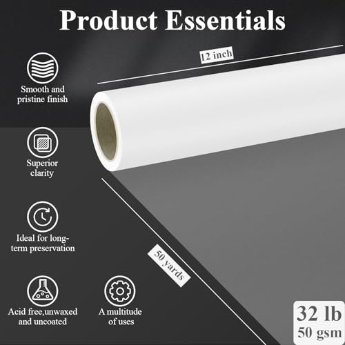 SuFly Tracing Paper Roll, 12 Inch x 50 Yards Trace Paper Roll, 32 lb White Art Paper Translucent Pattern Paper for Sewing, Drawing, Sketching, and Gift Wrapping. - color: Clear, size: 12 in. x 50 yd.:1 Roll