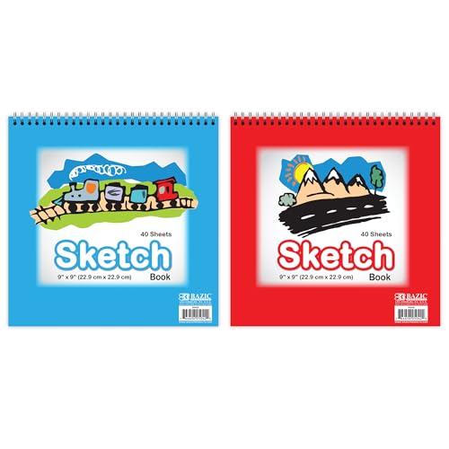 BAZIC Products Spiral Sketch Pad, Top Bound, 9 x 9 in, 40 Sheets, 2-Set | 40-sheet spiral sketch pad, smooth drawing paper for sketching, shading - size: 2-Pack