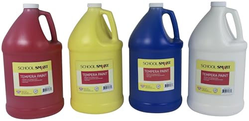 School Smart Tempera Paints for School and Arts and Crafts Use, One Gallon Each, Assorted Primary Colors, Set of 4