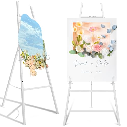 Easel Stand for Sign, Heavy Duty Metal Display Easel with Adjustable Chain, 4-Tier Height Art Easel for Painting, Wedding Sign, Posters & Commercial Display (White) - color: White