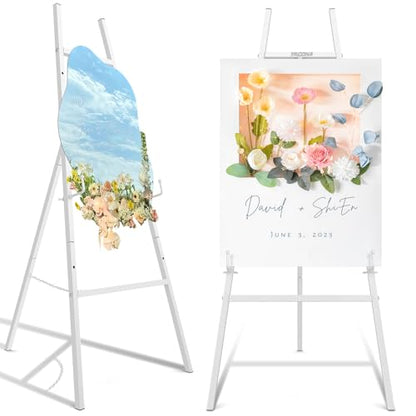 Easel Stand for Sign, Heavy Duty Metal Display Easel with Adjustable Chain, 4-Tier Height Art Easel for Painting, Wedding Sign, Posters & Commercial Display (White) - color: White