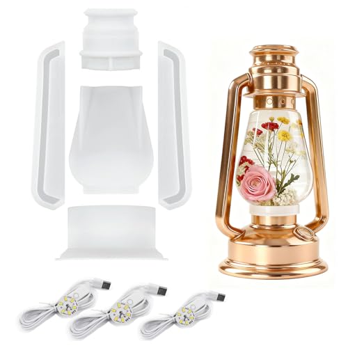 Kerosene Lamp Resin Molds Set, Silicone Hurricane Lantern Molds for Resin,Vintage Epoxy Oil Lantern Resin Molds W/ 3pcs LED Lights for DIY Table Desktop Lamp Ornaments Home Decor - size: Kerosene Lamp Molds