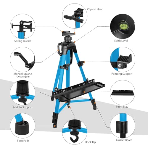 Easel for Painting, Portable & Foldable Easels Stand, Height-Adjustable 22'' to 62'', Equipped with Tray, Water Bucket Hook, Spirit Level, Compass & Carrying Bag for Art Display,Travel - Blue - style: Blue