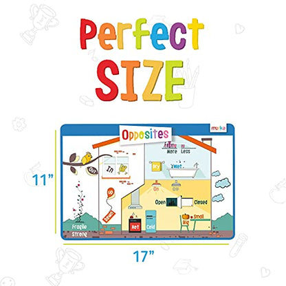 merka Kids Placemats Set - 4-Pack, 17 x 11 in, Multicolor - Interactive Preschool Learning Placemats for Ages 2 & Up with Counting & Days of the Week - Wipeable & Reusable with Slip-Resistant Backing - style: Opposites, Days, Months, Numbers