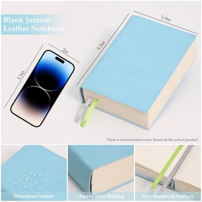 Blank Journal Notebook 720 Pages A6 Unlined Plain Sketchbook No Lines Soft Leather Small Blank Notebook for Women Drawing Book Memo Writing Sketch Diary Notebook 3.9 × 5.5 (Blue Blank Notebook) - color: Blue Blank Notebook
