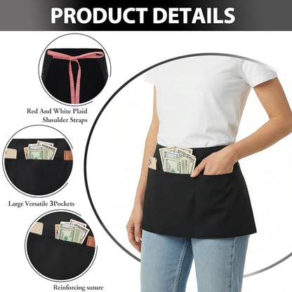 BOHARERS 3-Pocket Waist Apron With Red And White Plaid Shoulder Straps - Black Waitress Waiter Server Short Aprons - color: A2-1 Pack Red and White Plaid Straps