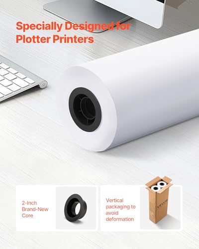 VEVOR Wide Format Paper, 24 in x 300 ft Plotter Roll, 2 Rolls CAD Bond Rolls with 2 in Core, 20 LB Bond Paper Rolls, Ideal for CAD Drawings, Engineering Plans, GIS Maps, and Architectural Designs - size: 24 in x 300 ft, style: 2 Rolls