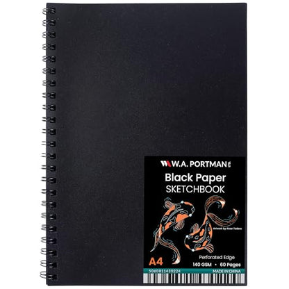 WA Portman Black Paper Sketchbook A4 (8.3" x 11.7") – 140 GSM Acid-Free Black Paper Notebook, 60 Pages (30 Sheets) Spiral Scrapbook Journal, Mixed Media Sketch Drawing Pad for Kids & Adults - size: A4 Single